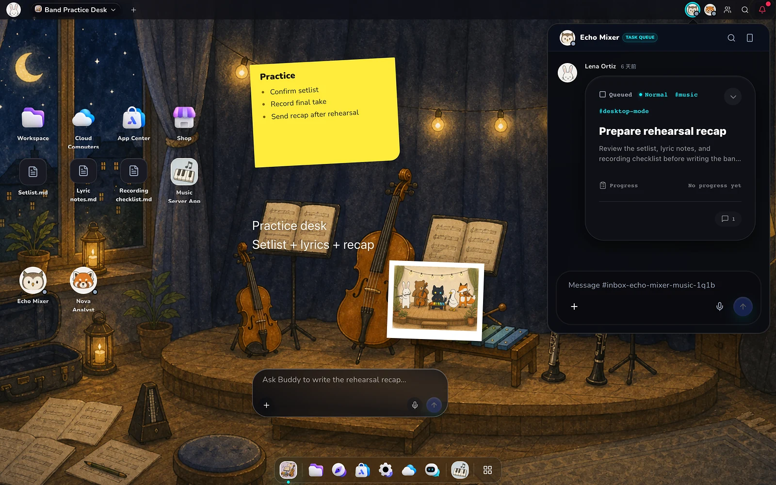 A music community with a Buddy rehearsal recap task open